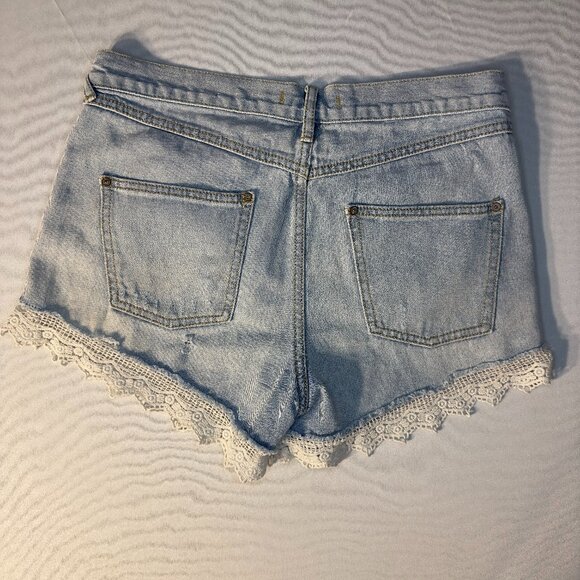 Free People Lacey Distressed Denim Cutoff Lace Hem High Rise Shorts, W28 - Picture 2 of 12